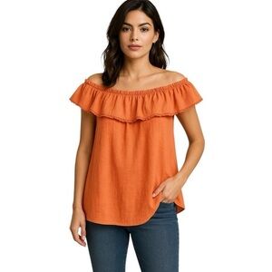 Harvé Benard | Peach Off The Shoulder w/Ruffle Overlay & Crochet Trim